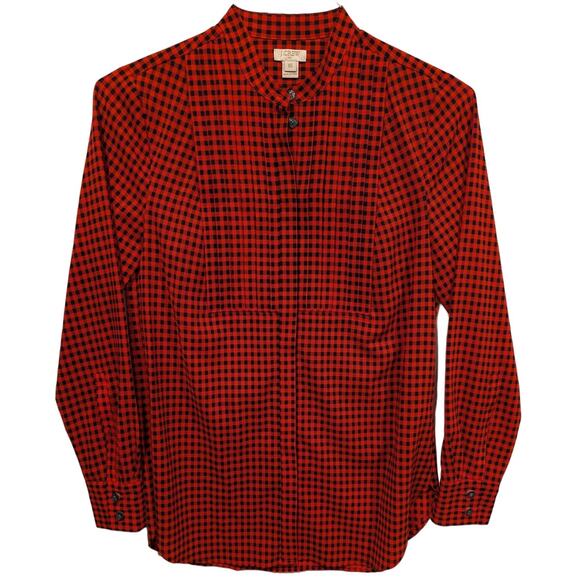J. Crew Factory Plaid Check Long Sleeve Front Placket Top Size XS Red Black - Picture 1 of 7